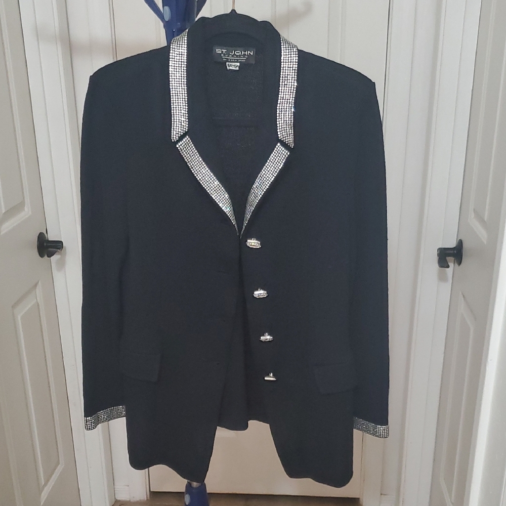 St. John Black Knit Blazer with Rhinestone Trim